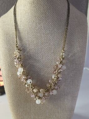Vintage Double Gold Chain Necklace with Pale Pink Beads - Women's Jewelry